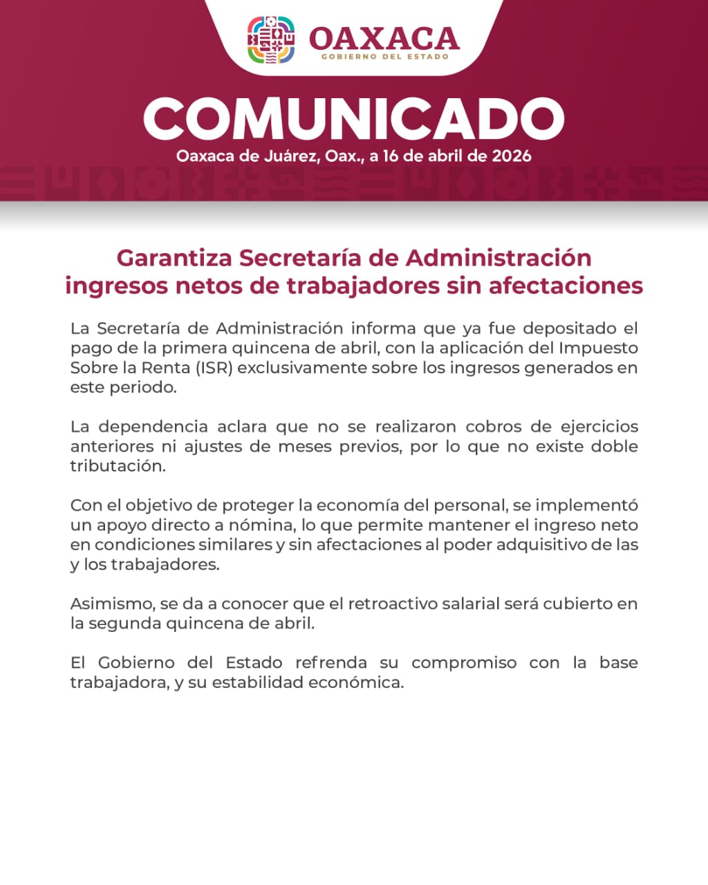 Garantiza Secretaría de Administración ingresos netos de trabajadores sin afectaciones*